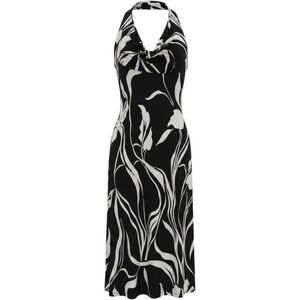 Georgiou Studio Black White Floral Halter Midi Dress L Cowl Neck VTG Retro Y2K